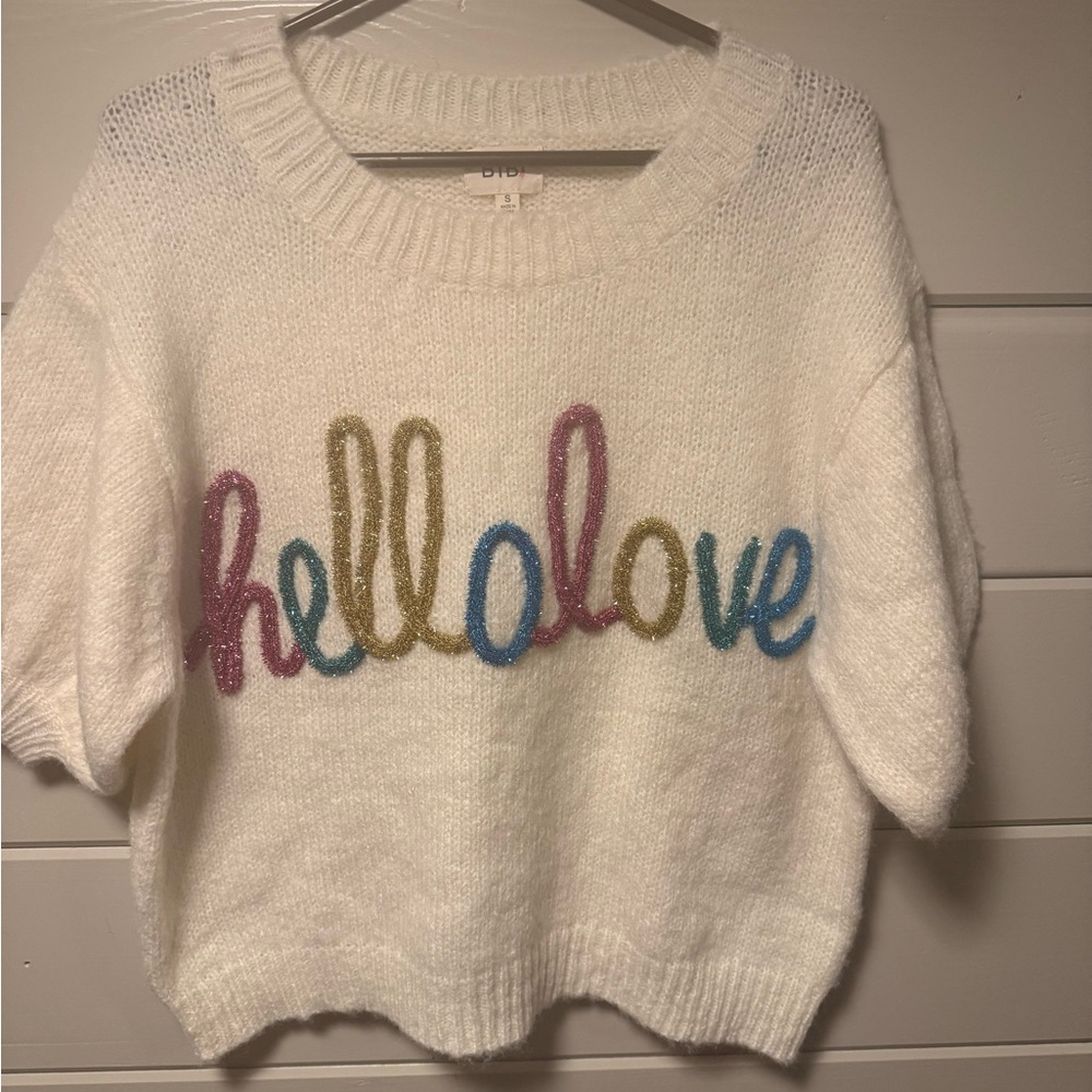 BiBi White Sweater with Multicolor 'Hello Love' Design.  Oversized.